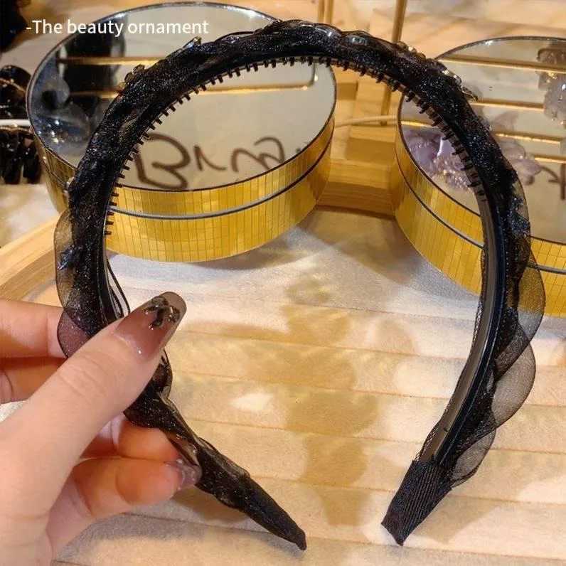 Advanced black gauze hair bands womens accessories for girls rhinestone fried dough twists headband with girl temperament clip V251022