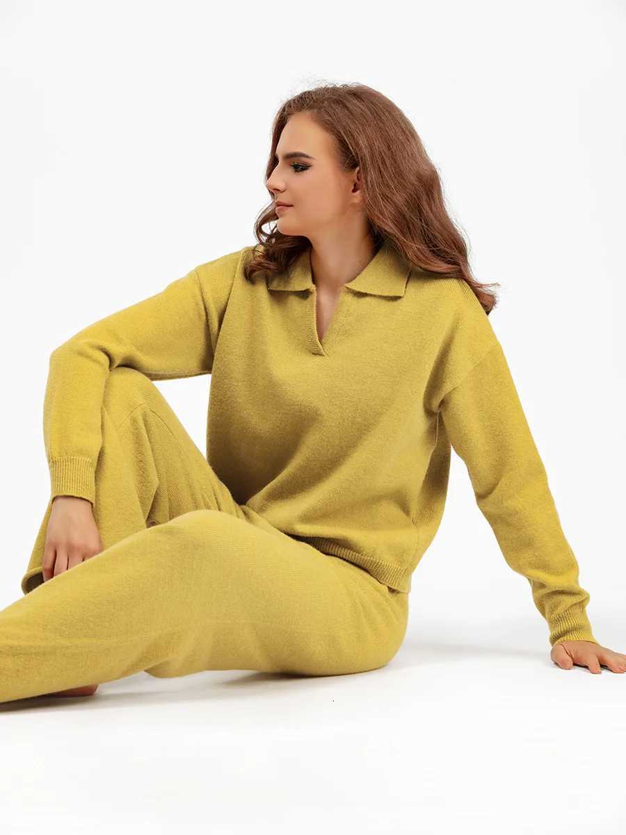 Autumn Winter Warm Sweater for Women Lapel Knit Tracksuit Sets Thicken Warm Sweater Elastic Trousers Suits Knitted Two Piece SetT251022