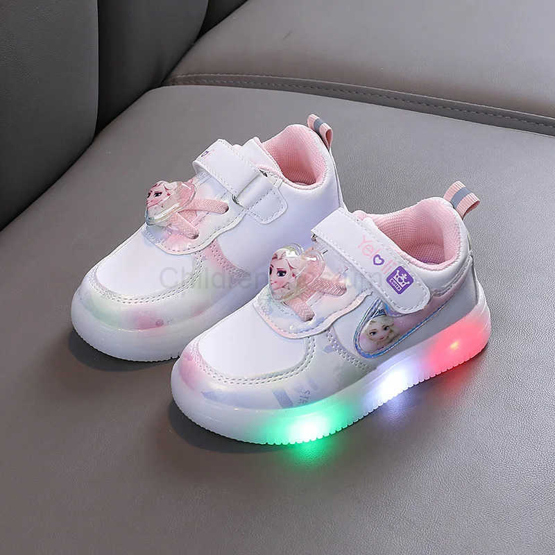 Disney Kids Girls Shoes Children Sneakers Girls LED Light Elsa Frozen Princess Casual Sport Shoes Student Pink Purple Teen Shoes H251022