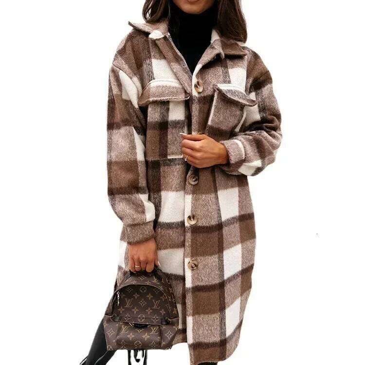 Single Breasted Trench Fashion Autumn Winter Women's Clothing Long Sleeve Woolen Plaid Overcoat Coat