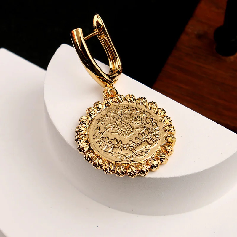 Turkish Coin Dangle Earrings Gold Plated Ehtnic Wedding Jewelry Round Drop Earrings Middle East Arabic Bridal Earring 251022 - view 6