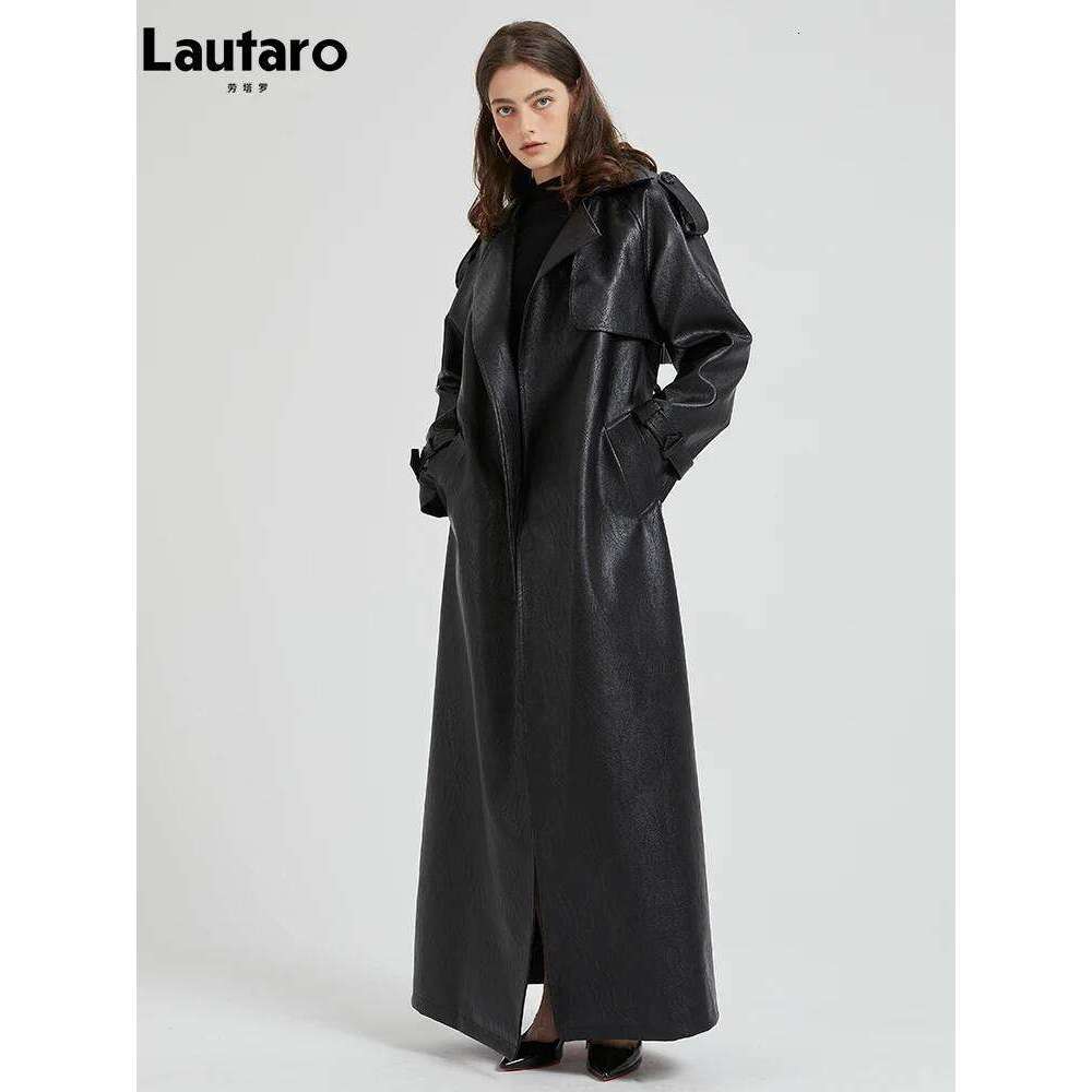 Lautaro Spring Autumn Extra Long Brown Pu Leather Trench Coat for Women Sashes Chic Overcoat Runway European Fashion 2024