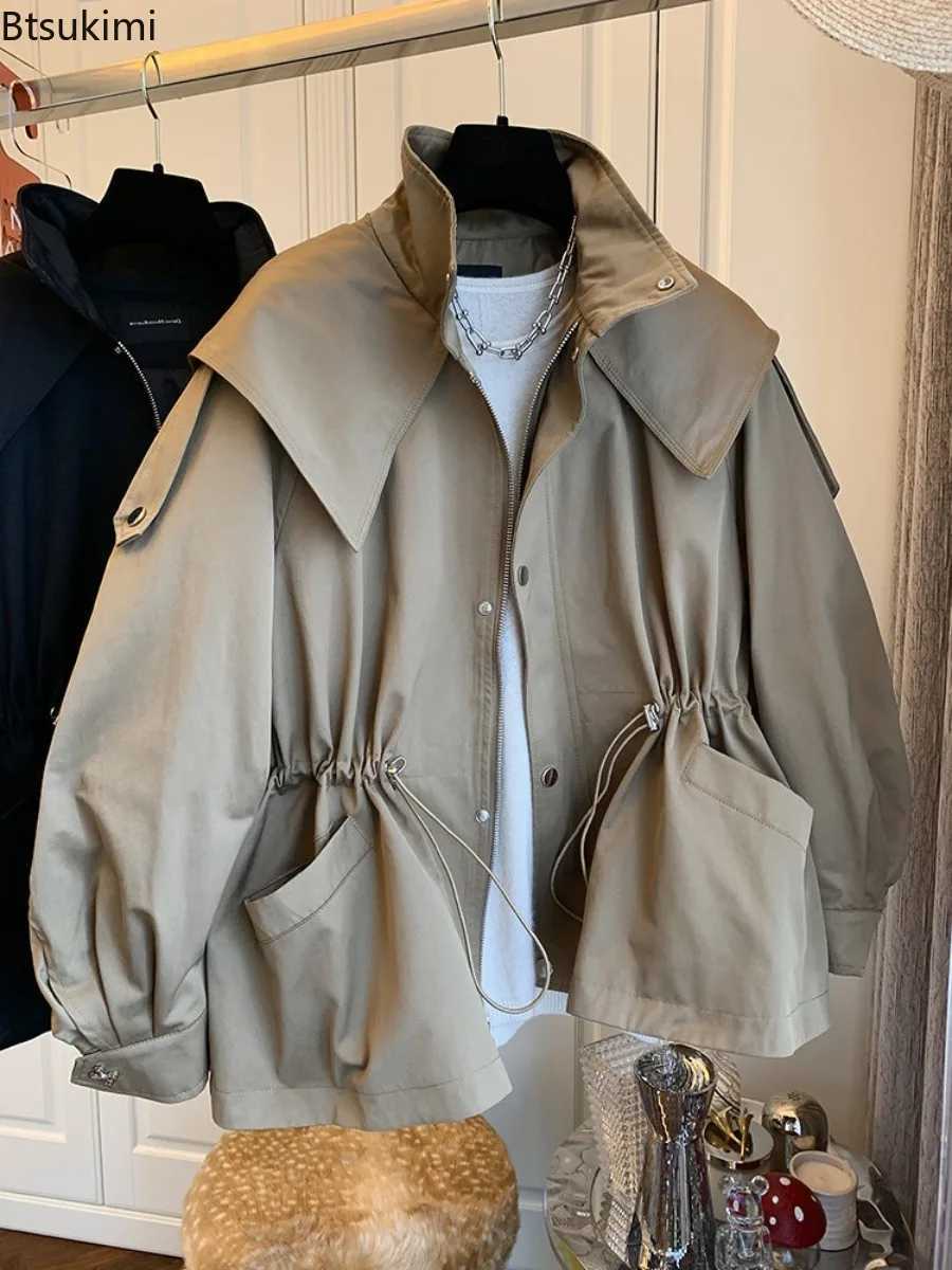Autumn Women Elegant Oversized Hooded Trench Coat Pocket Long Sleeve Zipper Drawstring Tie Loose Leisure Wind Breaker Jacket Y251105