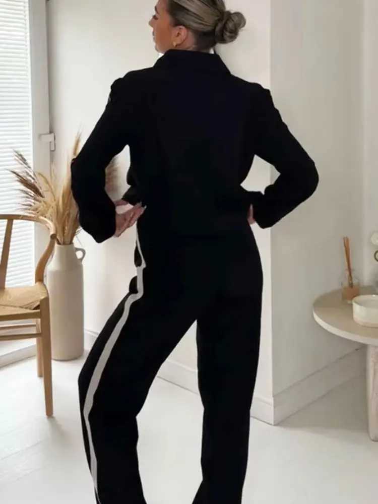 HH Women Fashion Side Stripe Coat Pant Set Long Sleeve Zipper Jacket Elastic Waist Wide Leg Pants High Street Lady OutfitT251022