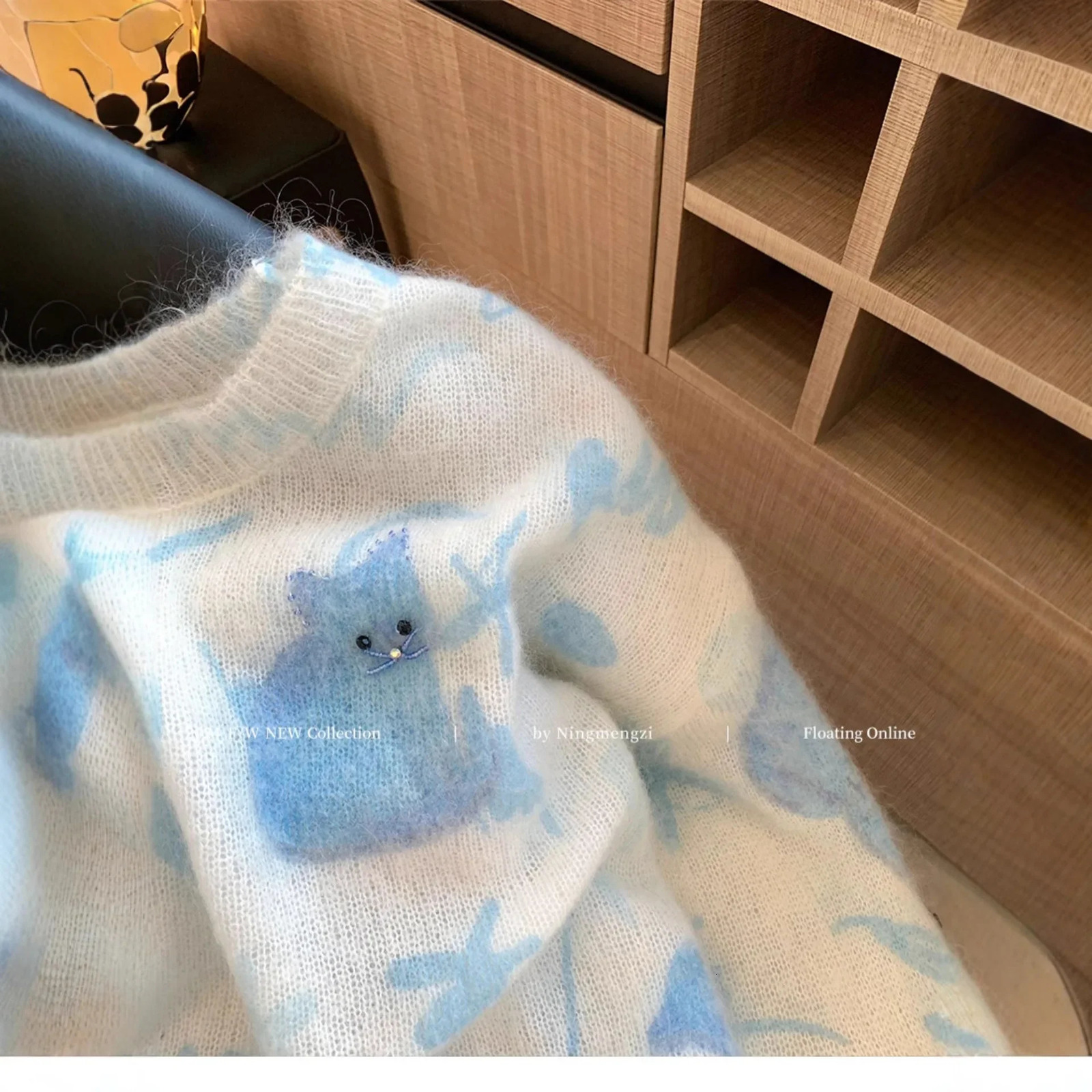 Soft Cozy Crew Neck Knitwear Womens Style Cat Print Bead Embellished Mouton Woollike Polyester Fiber Full Sleeve Top 251016