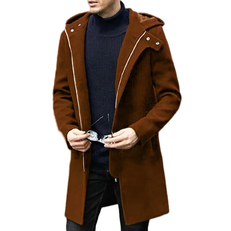 Autumn Winter Mens Woolen Coat Casual Fashion Hooded Zipper Coats Midlength Lining Clothing 251017