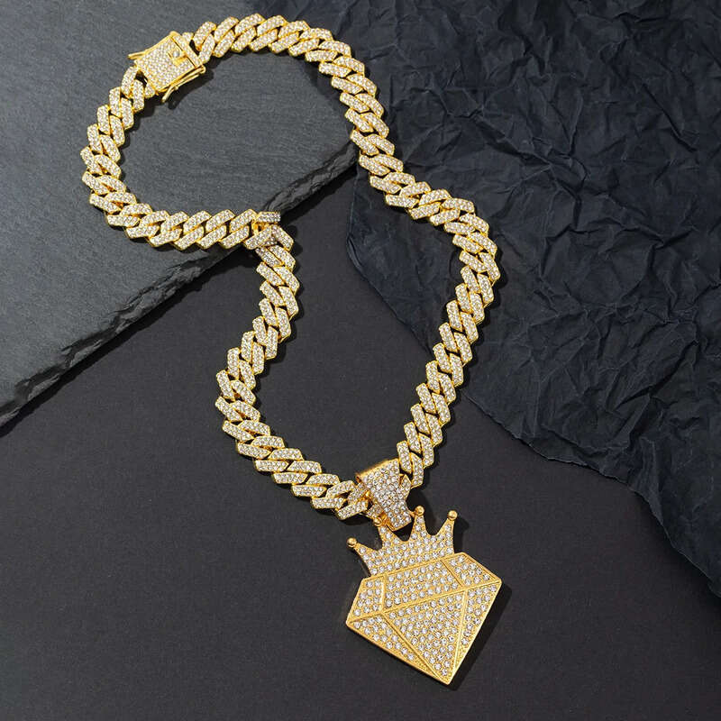 Personalized Crown Pendant Necklace Hiphop Alloy Full Dia Cuban Chain Jewelry