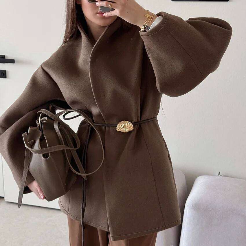 Brown waist woolen jacket women's design sense temperament fashion
