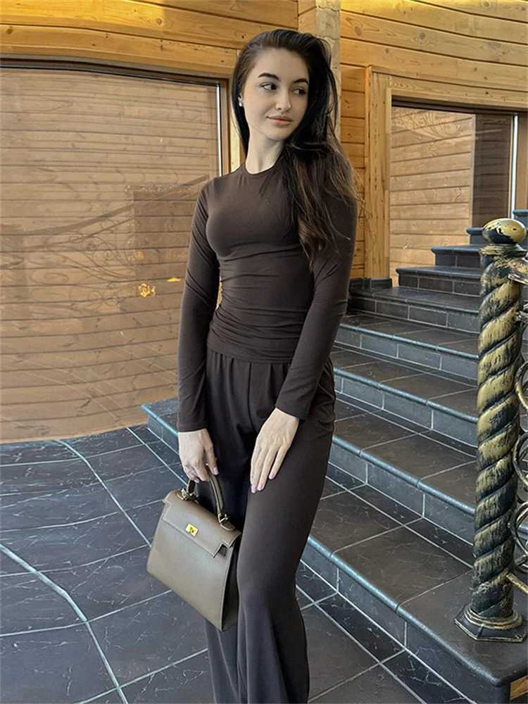 Absobe Basic Wide Leg Pants Leisure Suit Womens Crew Solid Long Sleeve Top Casual Loose Trousers 2 Piece Set Autumn StreetwearT251022