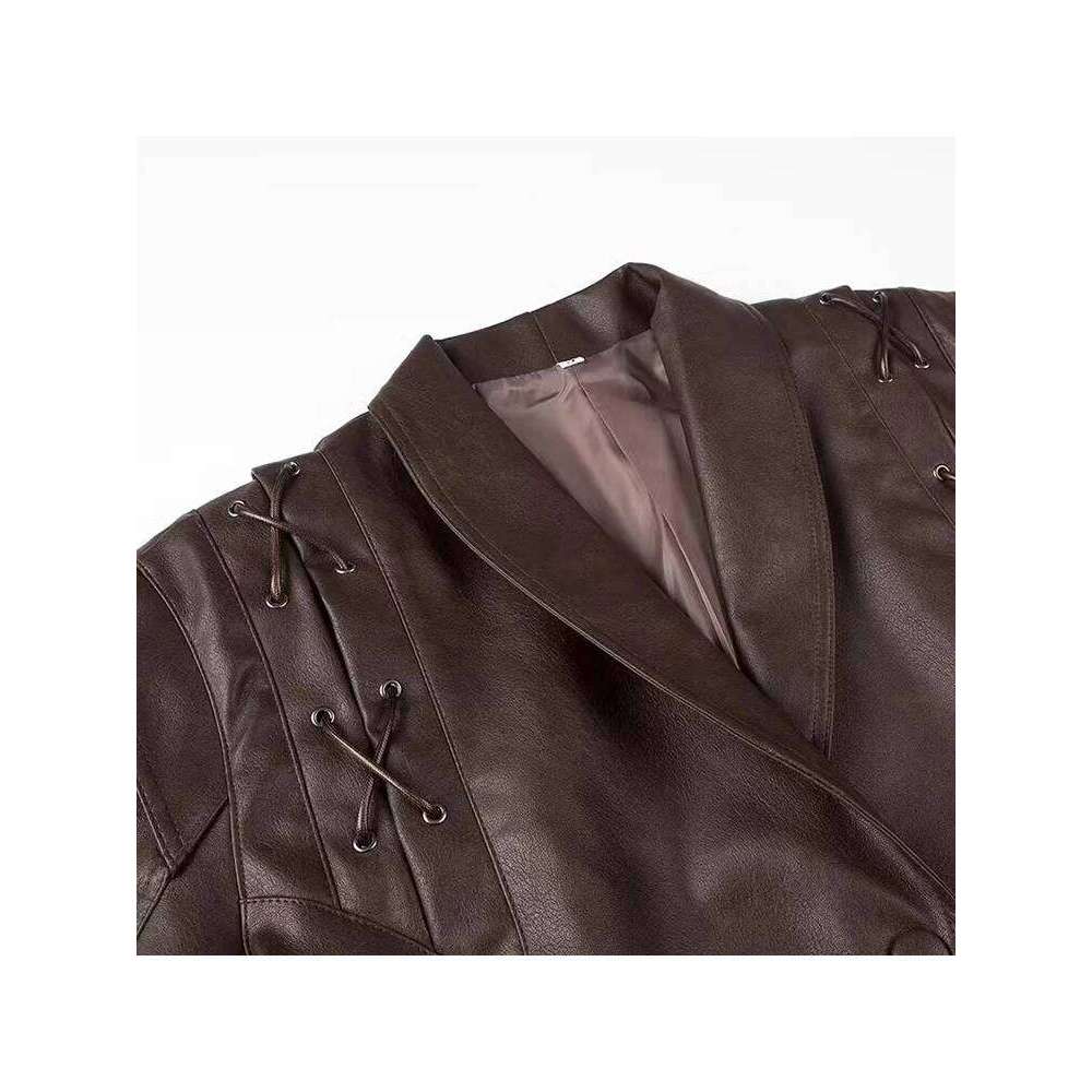 Mauroicardi Spring Autumn Short Retro Brown Pu Leather Jacket Women Sashes Lace Up Designer Emo Clothes European Fashion