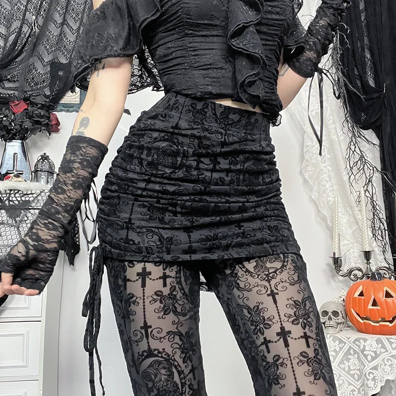 Gothic Dark Flocking Pants Women Streetwear Aesthetic Emo Alt Grunge See Through Laceup High Waist Flare Female 251017