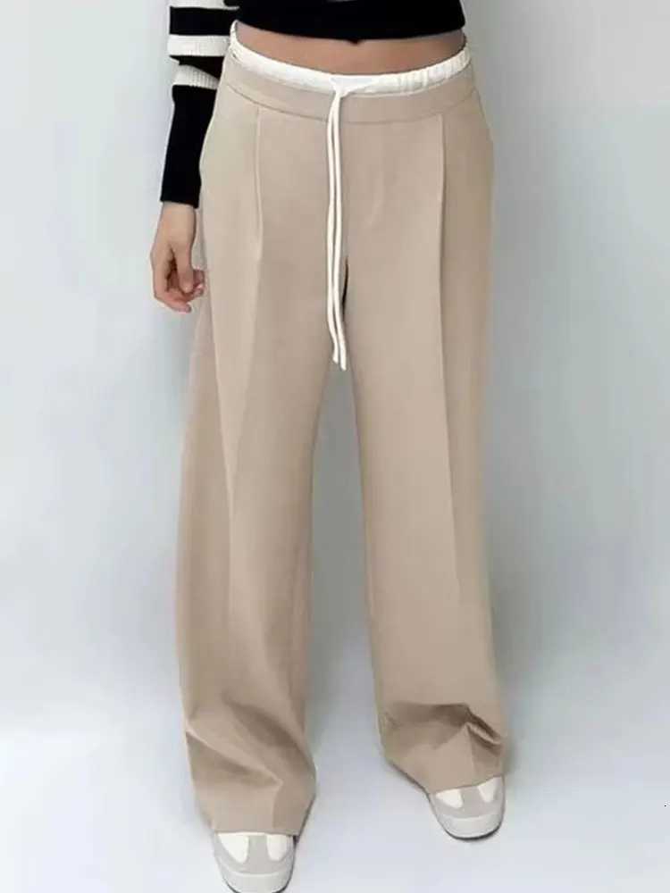 HH 2025 Women Fashion Vintage Solid Straight Pants Side Zipper Drawstring Casual Trousers Spring New Female Wide Leg PantsT251022