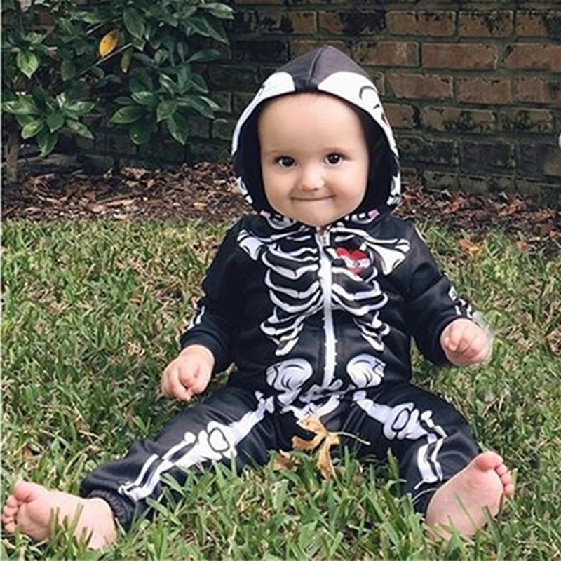 Baby Kids Halloween Clothing Skull Print Toddler Boys Girls Rompers Hooded Jumpsuit Bebe Trick Clothes Zipper Outfits 251022