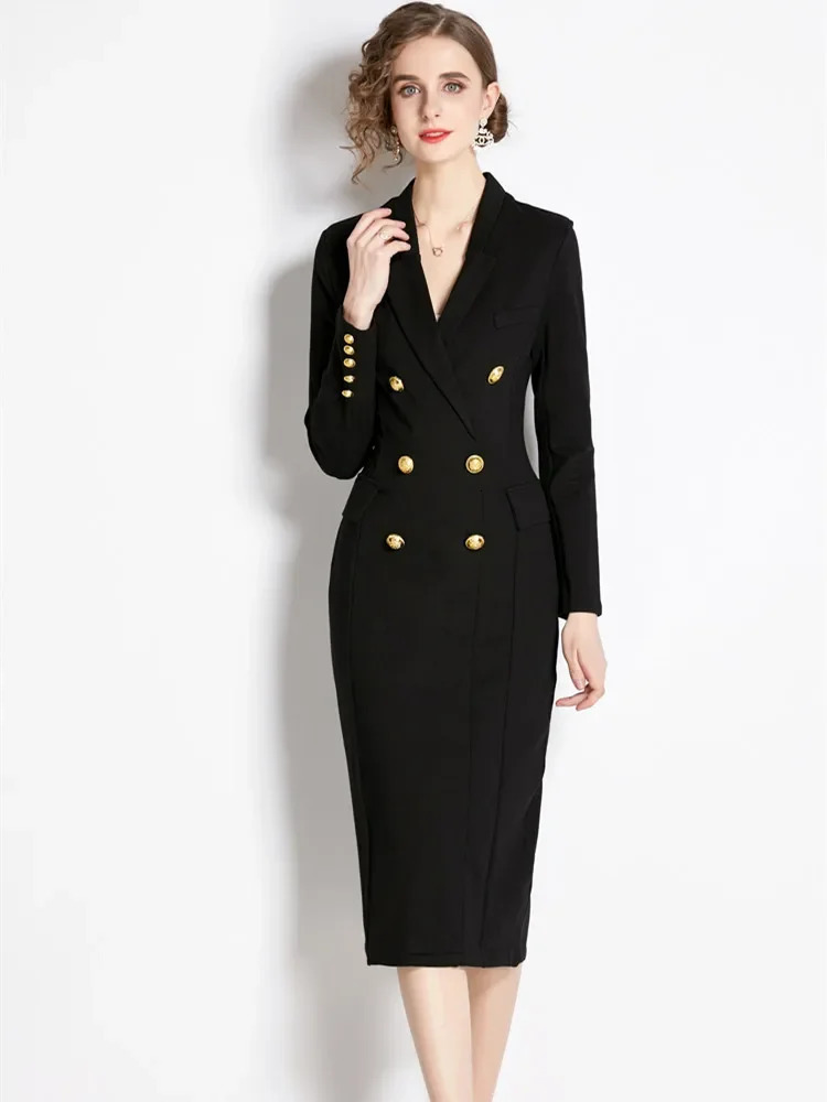 Autumn Winter Thick Roman Cotton Black Blazer Dress Womens Notched Suit Long Sleeve Golden Double Breasted Office Lady Vestidos 251020