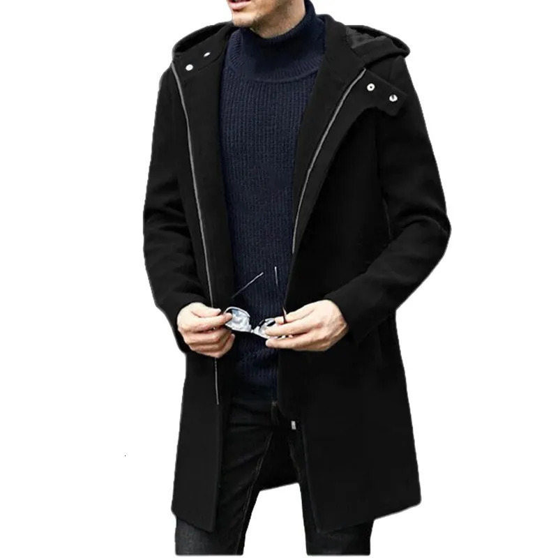 Autumn Winter Mens Woolen Coat Casual Fashion Hooded Zipper Coats Midlength Lining Clothing 251017