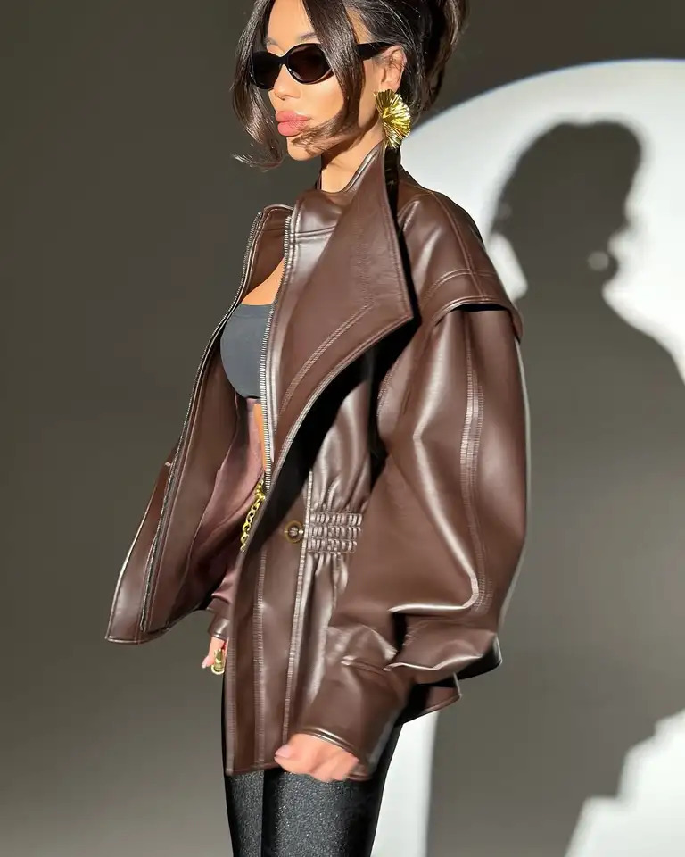 Vintage Wide Shoulder Waist Cinched Leather Jacket Women Solid Color Unique Lapel Zipper Loose Coat Daily Highstreet Outerwear 251017