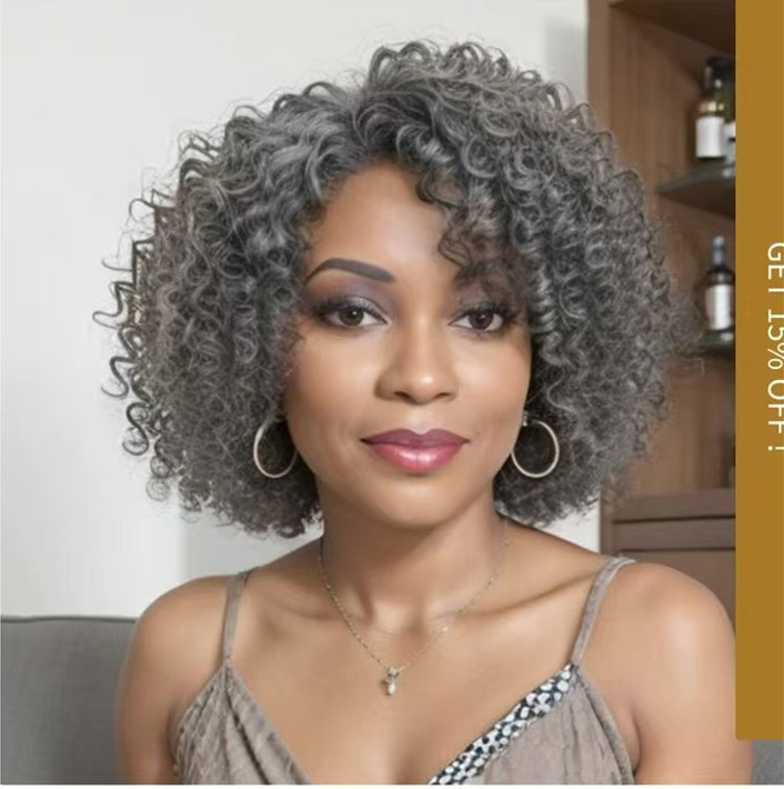 Real human Salt and pepper African american wigs chin length curly layered machine made wigs short with bang bob hairstyle