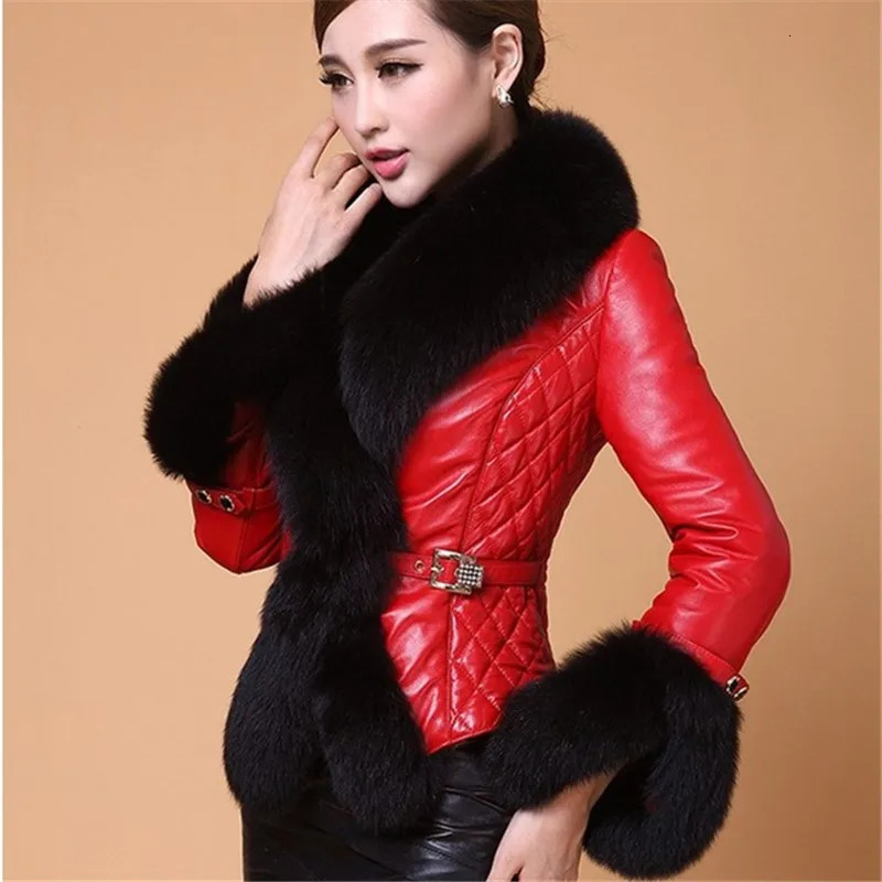 Winter Leather Jacket Women Coat Faux Fox Fur Collar Short PU Female Elegant Motorcycle Zipper Outerwear 251021
