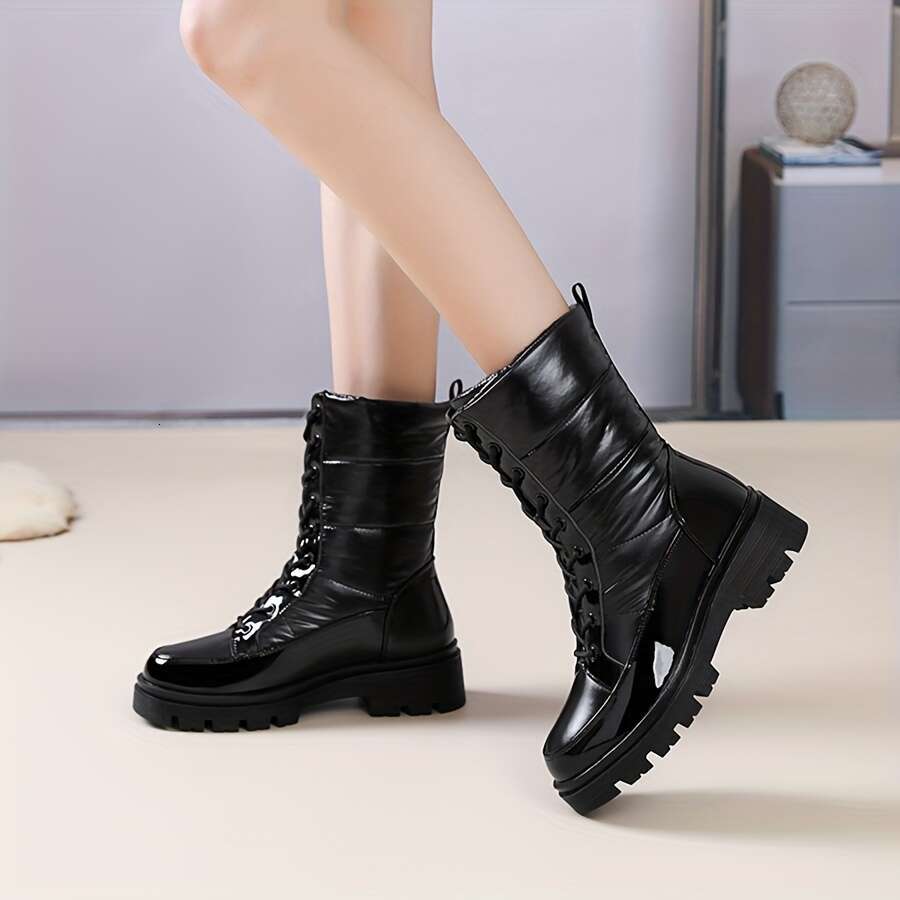 Women's Winter Snow - Non-Slip, Thickened Warm Outdoor Shoes With Lace-Up Design, Black, Perfect For Cold Weather Activities, Snowboarding Boots