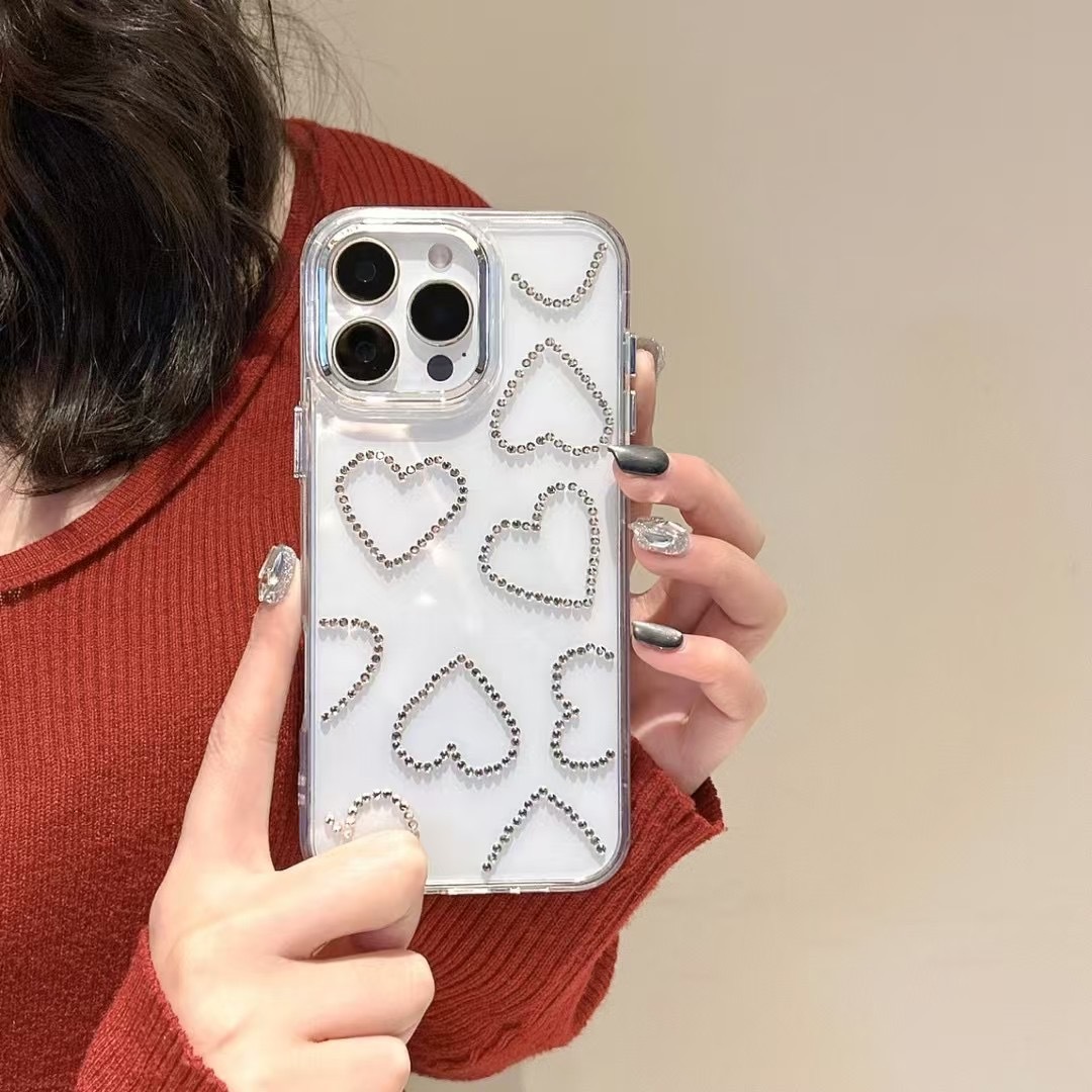 INS Flash Diamond Heart Compatible with iphone 17 Phone 16Pro Full Coverage 15 High-end Feel 14 Shockproof 13 Protective Case 11