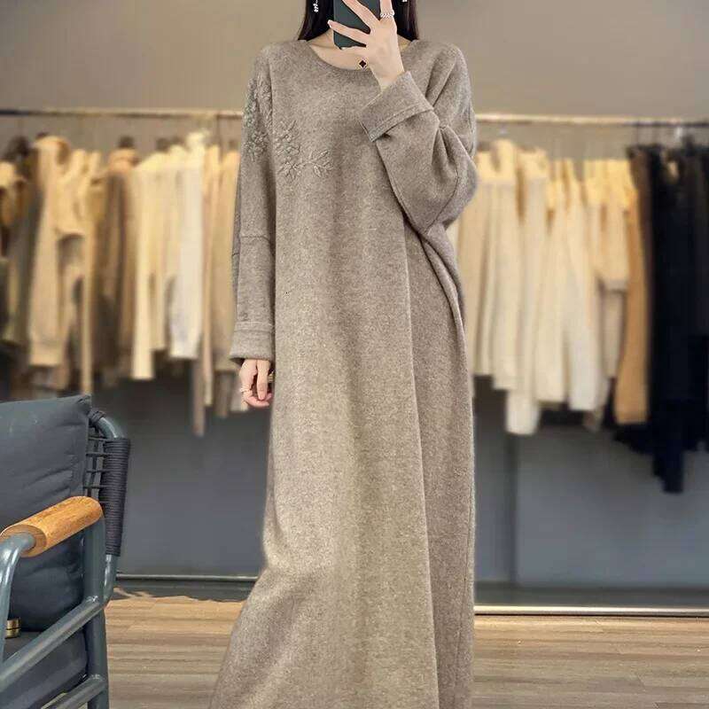 Women's Plus Size Cashmere Dress Round Neck Loose Fit Lazy Wind Embroidery Pure Wool Knitted Sweater For Autumn Winter 251022