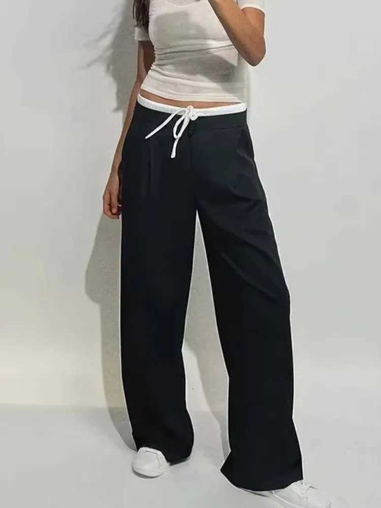 HH 2025 Women Fashion Vintage Solid Straight Pants Side Zipper Drawstring Casual Trousers Spring New Female Wide Leg PantsT251022