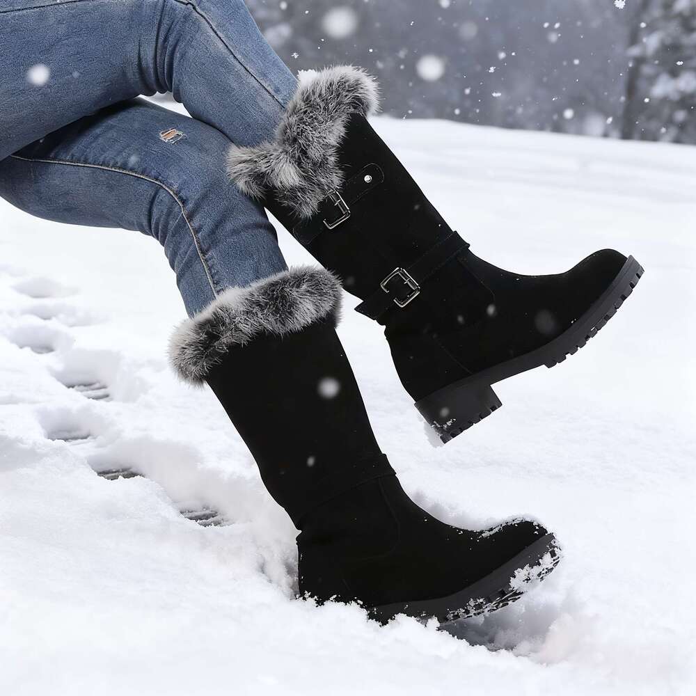 Women's Thick Platform Heel, Slip-On Closure, Non-Slip Rubber Sole, Warm Winter Shoes Cold Weather, Everyday & Formal Outfits - Boots For Women