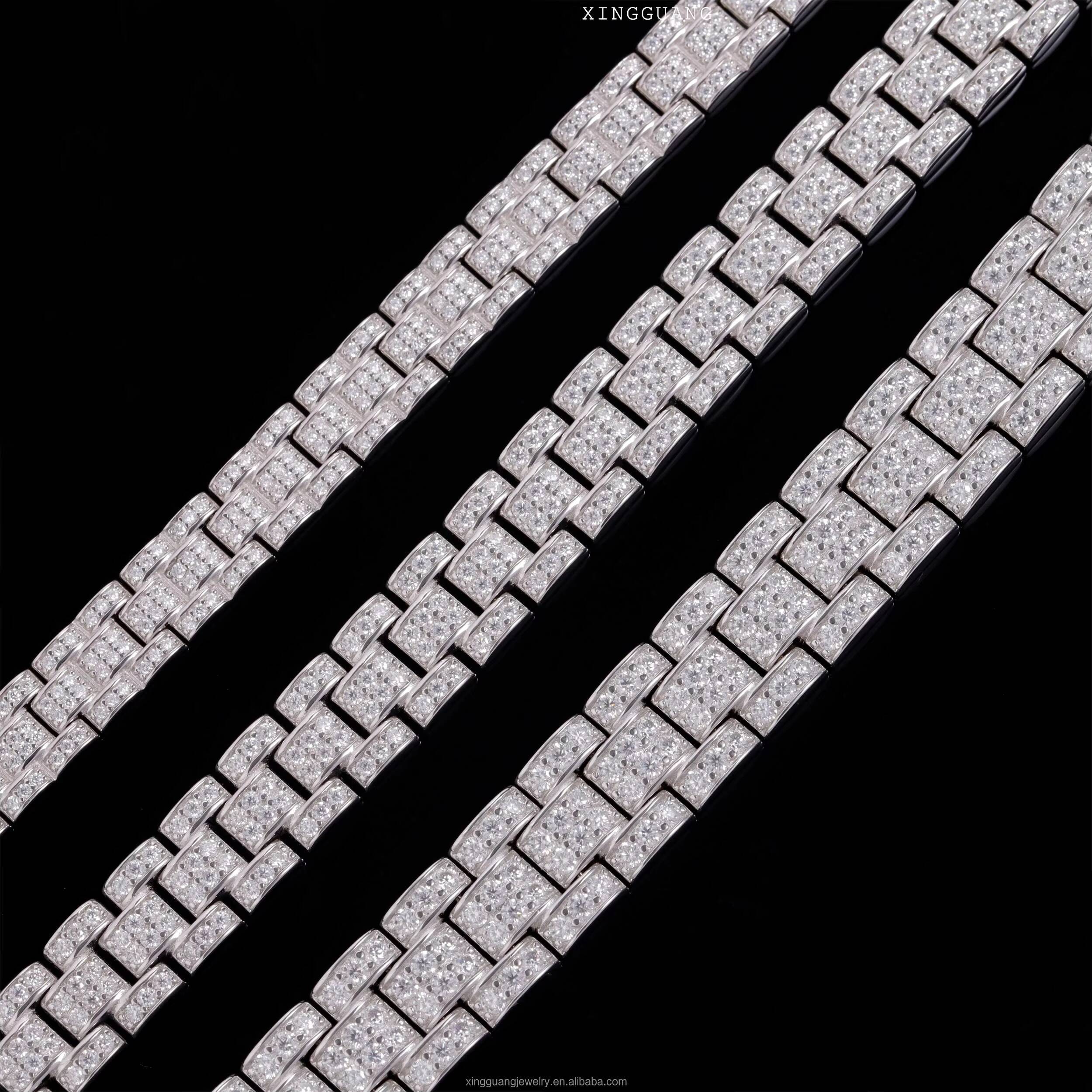 XingGuang Jewelry New Design Hip Hop Moissanite Bracelet Iced Out Diamond Pass Diamond Test Moissanite 925 Silver Cuabn Bracelet