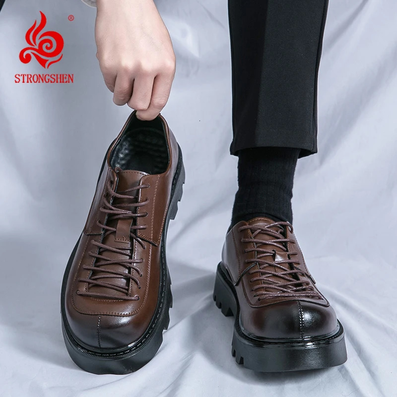 STRONGSHEN Men Leather Shoes Handmade Chunky Platform Retro Work Shoes Derby Low Top Man Casual Formal Shoes Size 3845 251017