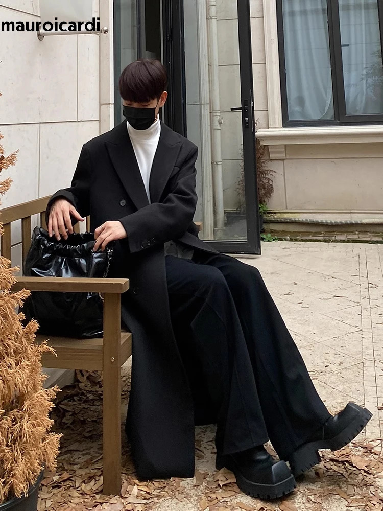 Mauroicardi Autumn Winter Long Warm Coffee Black Soft Woolen Coat Men Double Breasted Loose Casual Wool Blends Overcoat 2023 251017