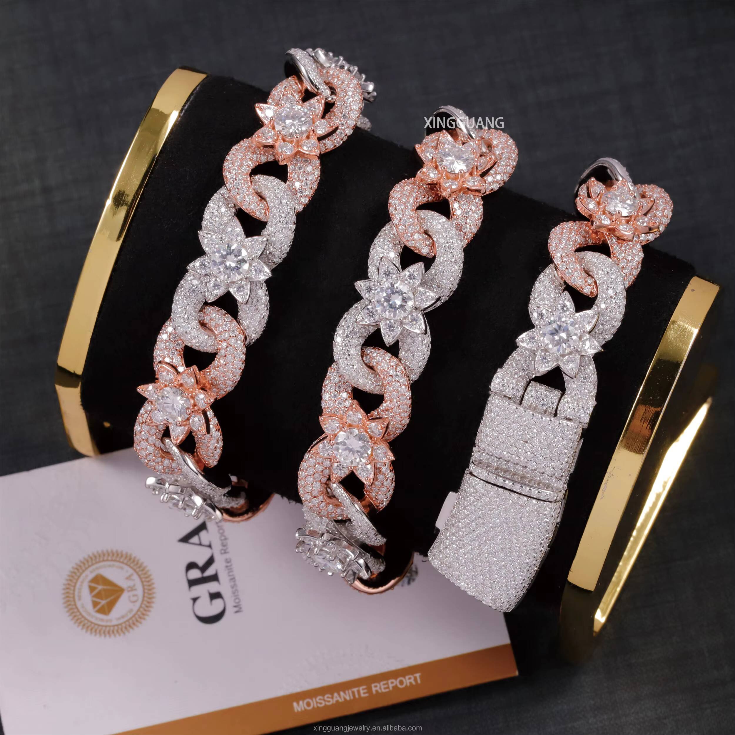 XingGuang Pass Diamond Test VVS Moissanite Cuban Lidynamic Chain Flower Shape Solid Silver Chain Hip Hop Jewelry Necklace