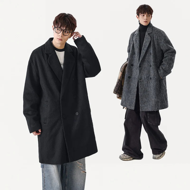 Autumn Winter Fleece Coat Midlength Gray Oversized Thickened Warm Cashmere Blends Men Doublebreasted Trend 251015