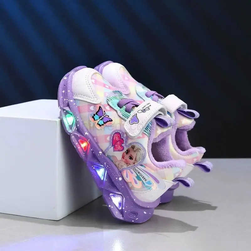 Disney LED Casual Sneakers For Spring Girls Frozen Elsa Princess Print Pu Leather Shoes Children Lighted Nonslip Pink Purple H251022