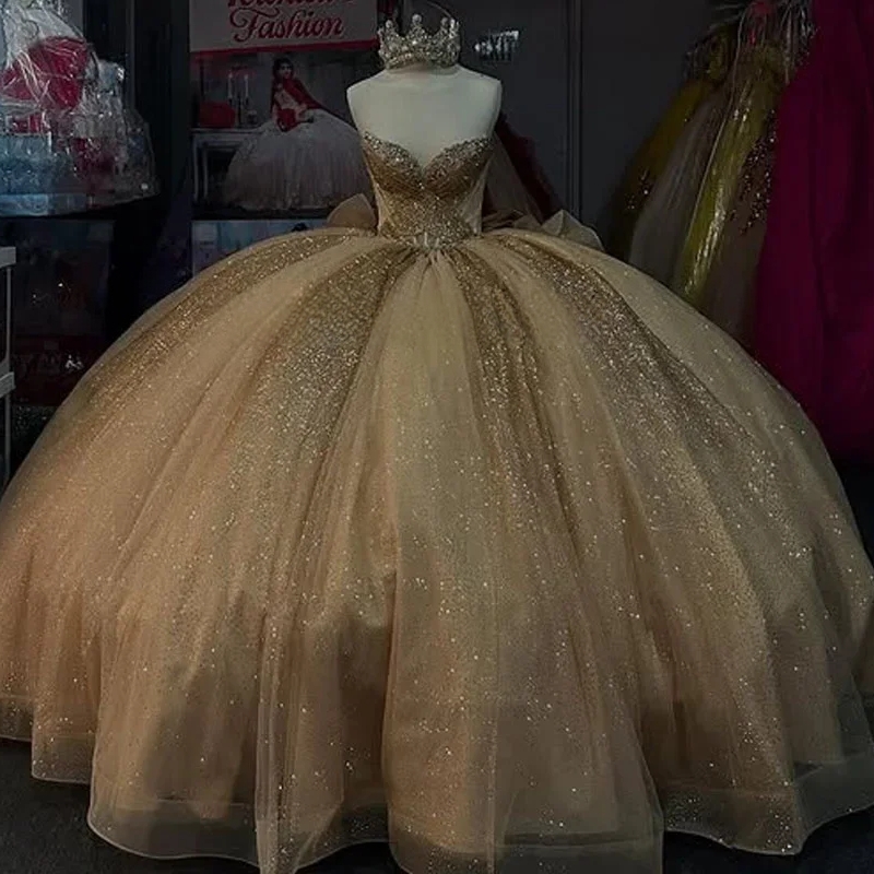 Champagne Glitter Ball Gown Quinceanera Dresses Sweet 16 Years Party Dress With Big Bow Vestidos 15 De Anos