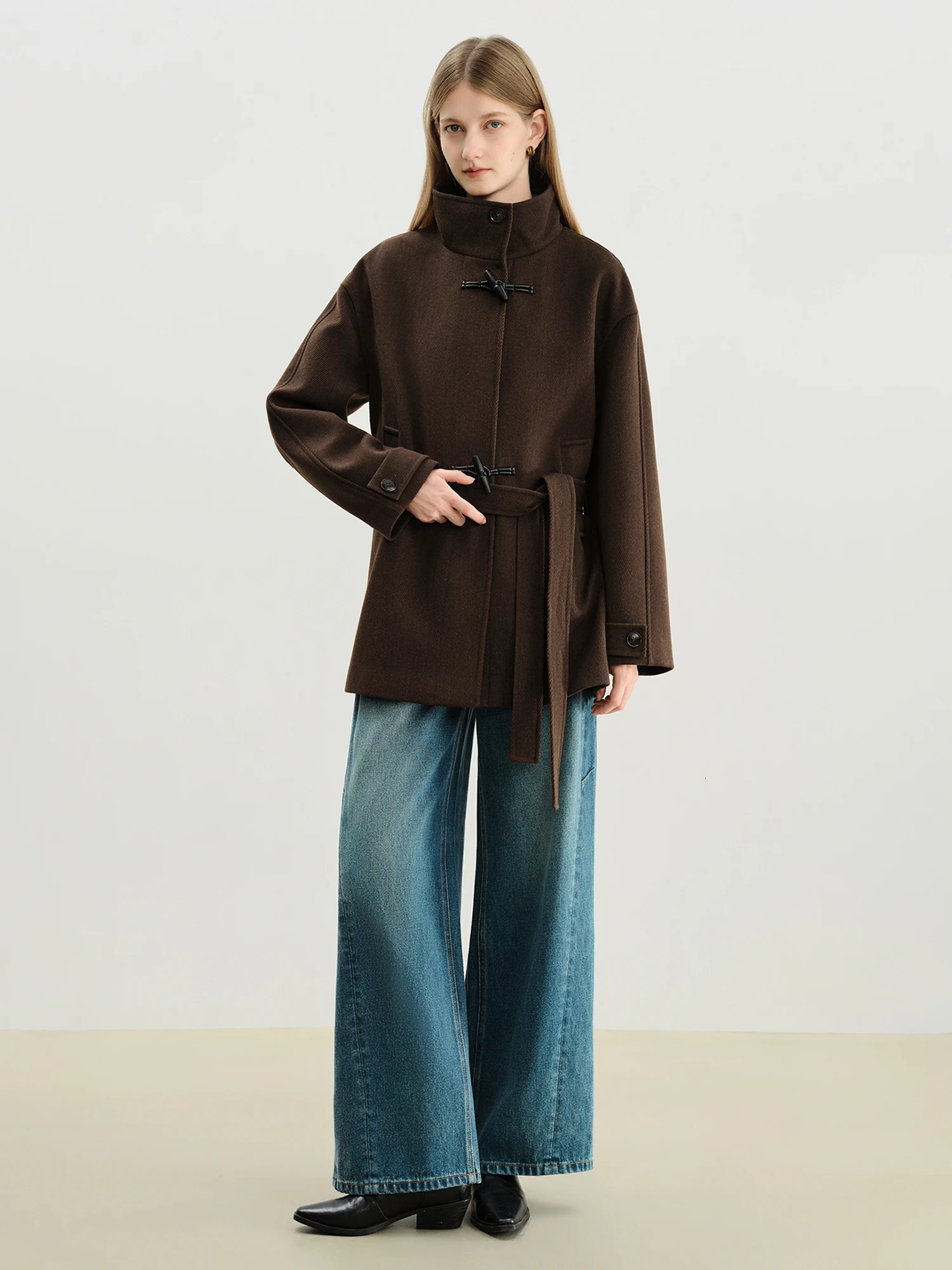 ZIQIAO Korean Style Horn Button Coat Womens Jackets Winter Retro Cropped Loose Leisure French 251021