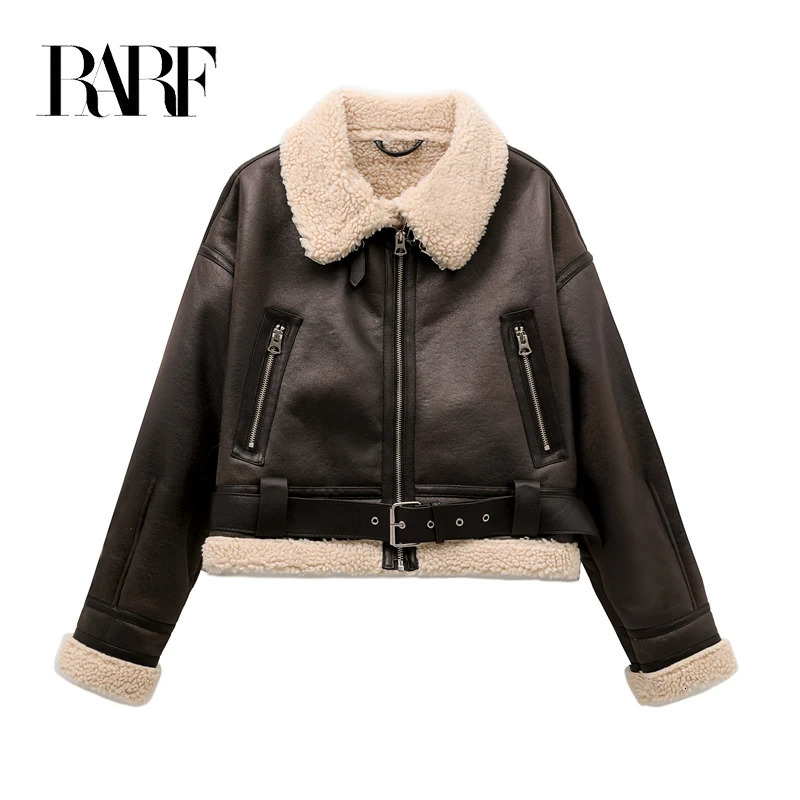 RARF Womans Fashion Thick Warm Faux Shearling Jacket Coat Vintage Long Sleeve Belt Hem Female Outerw 251021