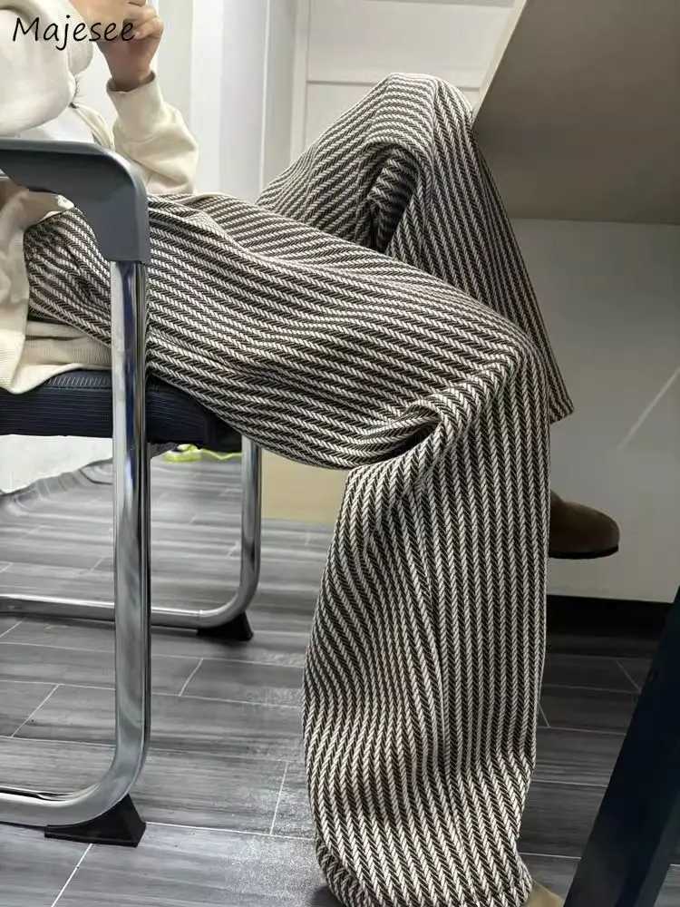 Spring Autumn Pants Women Retro Striped Knited Casual Daily Simple High Waist Wide Leg Trousers Stylish Temper Female AllmatchT251022