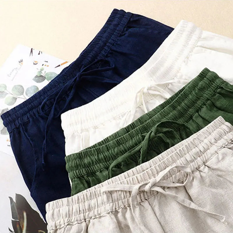 Cotton LinenCasual Solid Lace Up Elastic High Waist Loose Wide Leg Womens Pants AnkleLength Pants For Women Clothing Fashion 251022