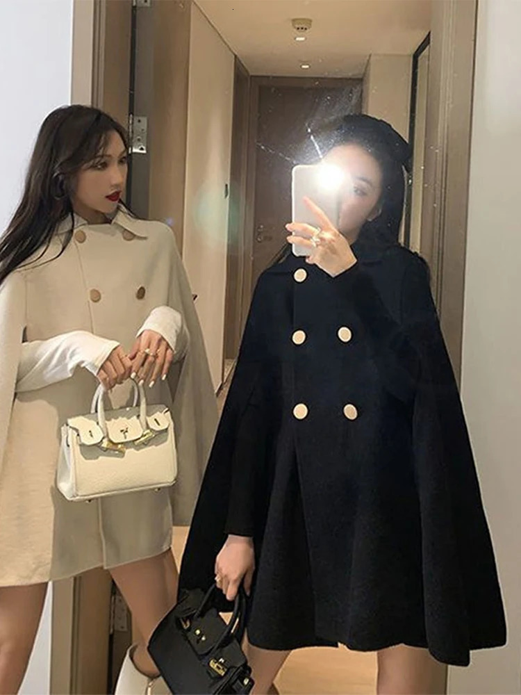 Autumn And Winter Double Breasted Women Cape Coat Loose Solid Color Female Overcoat Fashion Elegant Lapel Lady Oversized Wraps 251016