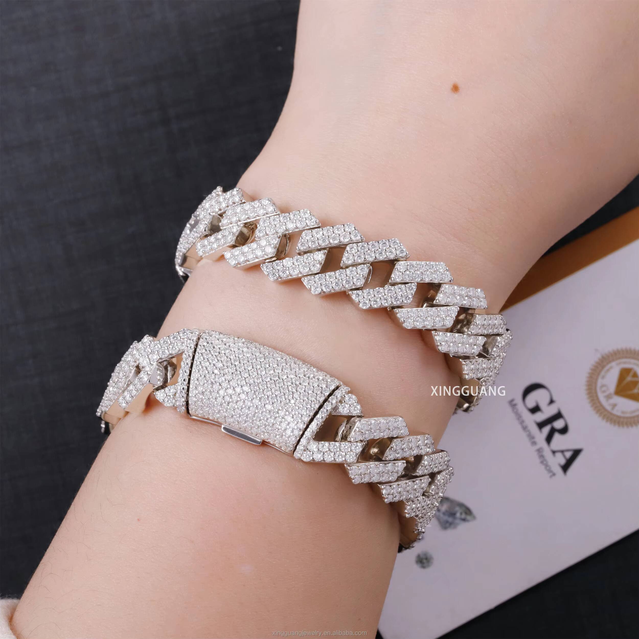 Hip Hop 14mm Moissanite Cuban Chain Iced Out 925 Silver 2 Rows White Gold Plated VVS Moissanite Cuban Lidynamic Chain Bracelet