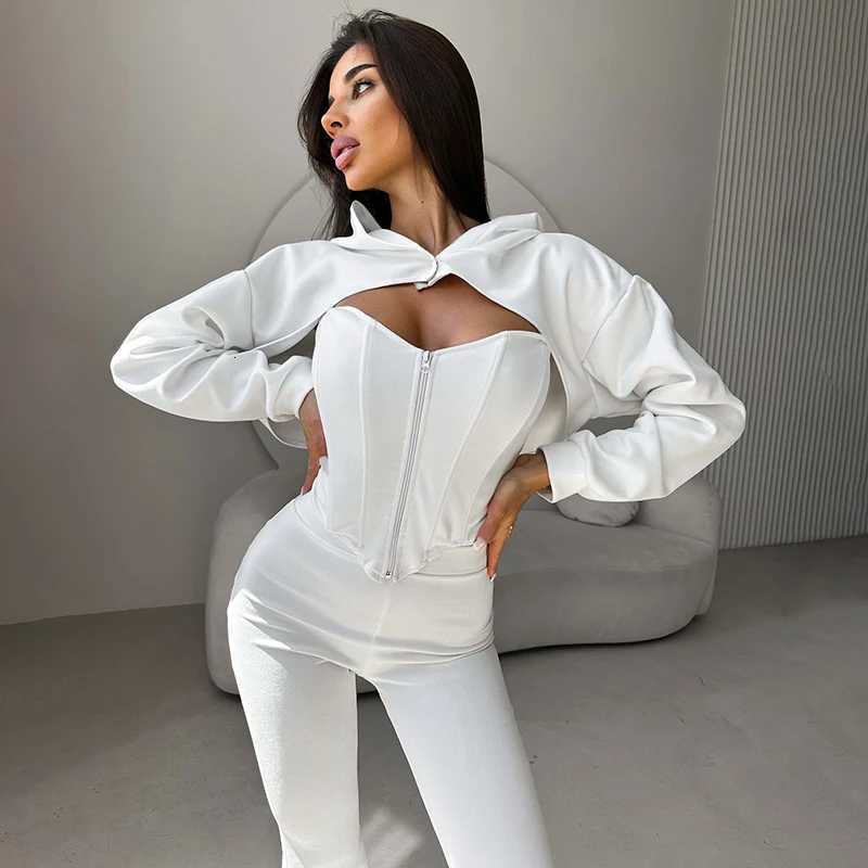 CUTENOVA Women Fall New SolidColor Fishbone Vest Hooded LongSleeve Jacket Flared Pants ThreePiece Set Chic Streetwear SuitT251022