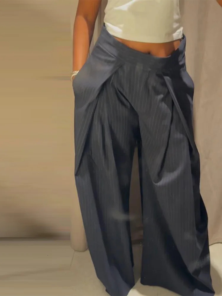 Casual Striped Loose Pants Women High Waist Pleated Straight Long Wide Leg Trousers Female 2025 Fashion Autumn Lady Bottoms 251022