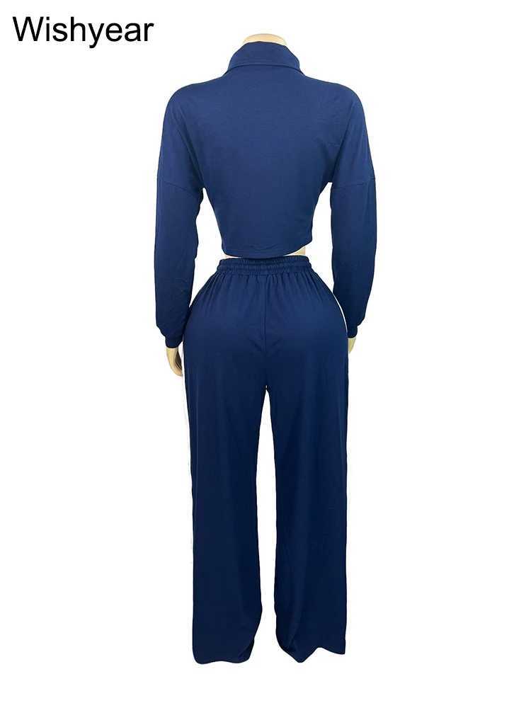 Womens Casual Stripe Patchwork 2Piece Set Lapel Long Sleeve Zipper Crop Jacket with Wide Leg Pants Suits Autumn 2PC TracksuitT251022