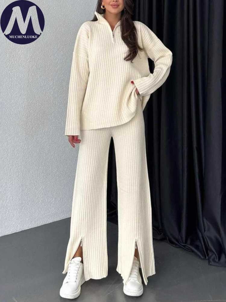 2 Pieces Set for Woman Autumn Winter Elegant Long Sleeved Zipper Knitted Sweater Tops Suits Fashionable Casual Loose Pant SetsT251022