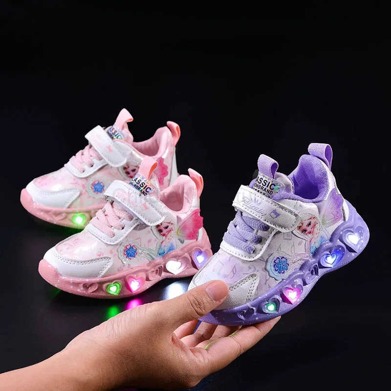 Disney 2025 Girls Lovely Cartoon Sneaker Children Fashion Lightweight Spring Mesh LED Luminous Sports Shoes Winter Warm Light UP Shoes H251022