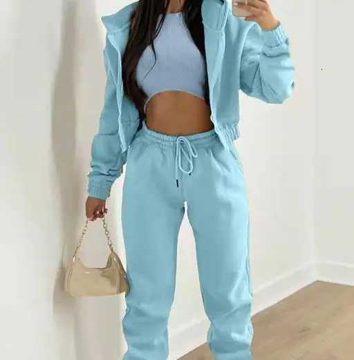 Solid Color Short Hooded Jacket Sleeveless Vest and High Waisted Ankle Pants Set for Autumn Womens Sports Style 3Piece SetT251022