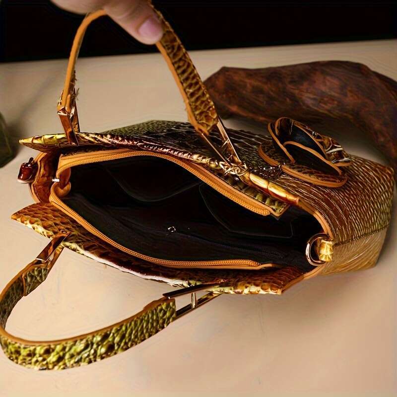 2Pcs Crocodile Print Handbag Set Fashionable Vintage Style, Multi-Functional Top Handle Crossbody, Business Clutch & Coin Purse - Spacious, Secure, Id