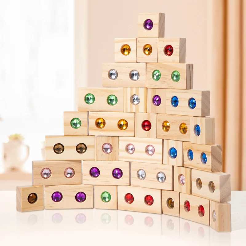 Wooden Acrylic Gems Cubes Blocks 32pcs 50pcsset Rainbow Stacking Building Blocks Kids Adults Montessori Educational Toys Gifts J251022