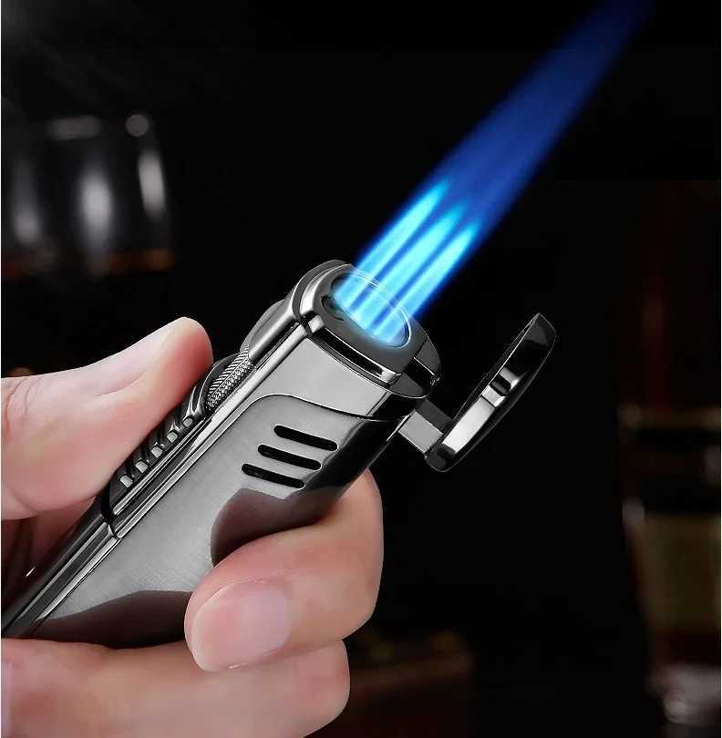 New Lighter three Fire Jet Gas Cigar Lighter Turbo Windproof Powerful Spray Gun Kitchen Pipe Flint LighterWithout Gas C251022