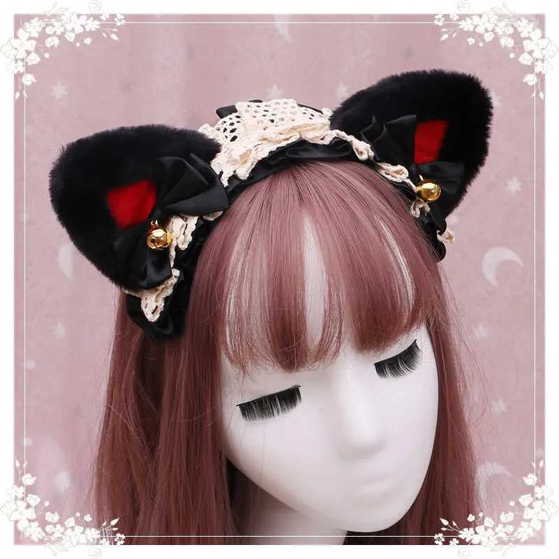 Lolita Maid HaiRBand Women Girls Ruffles Lace Hair Band Cat Ears Ribbon Bell Headband Cosplay Party Hair AccESSories V251022
